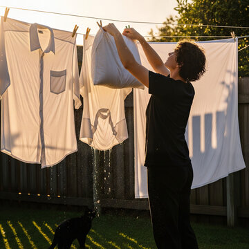 Young Person Hanging Wet White Laundry on Clothesline in Sunny Backyard