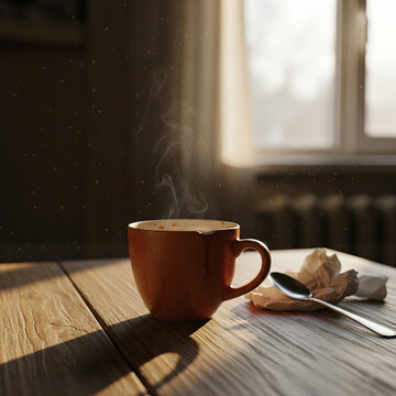 Steaming Hot Coffee Mug on Rustic Wooden Table by Sunlit Window