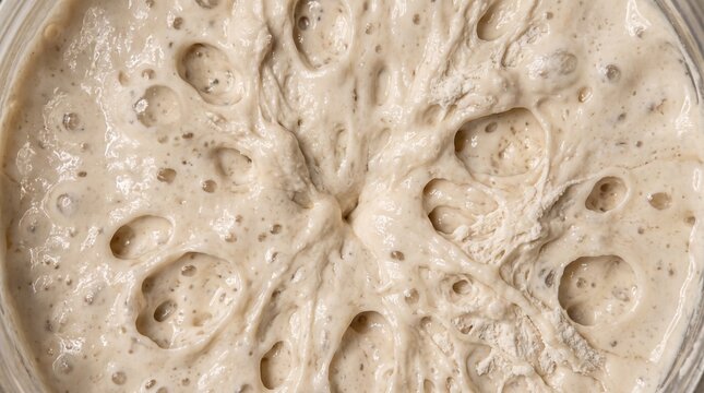 Macro photography extreme close up, bubbling active sourdough surface, wild yeast microbial activity, artisanal bread baking science, natural food fermentation.
