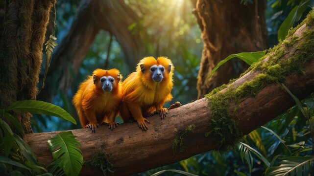 Two golden lion tamarins sitting on a mossy branch in the rainforest