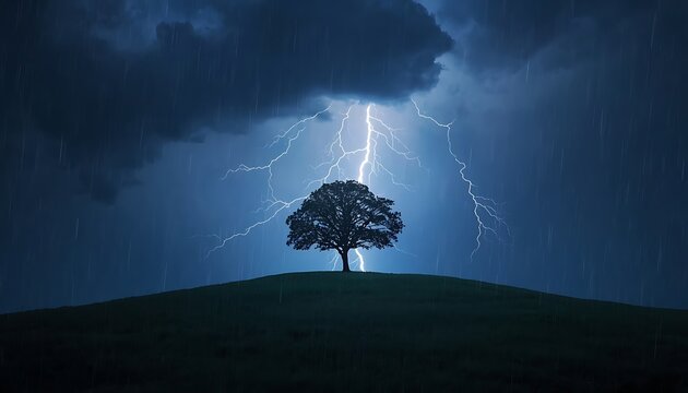 Lightning striking lone tree on grassy hilltop during dramatic thunderstorm with heavy rain