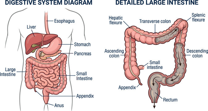 Detailed human digestive system diagram and large intestine anatomy vector illustration