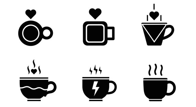Six distinct black icons for coffee or tea cups including top view shapes steam energy bolt and falling heart elements