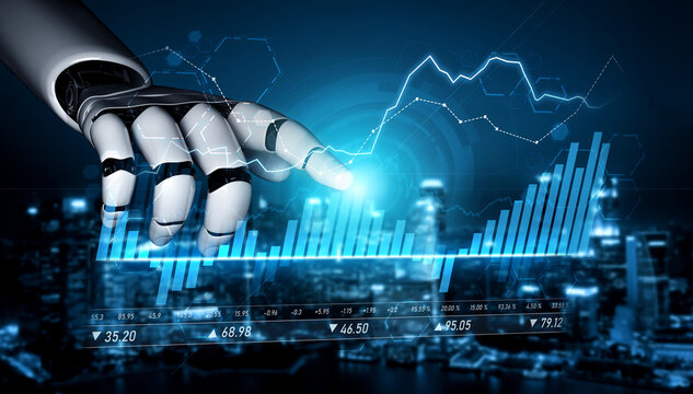 A robotic hand engages with financial analytics in a digital environment, symbolizing the blend of technology and finance in modern trading strategies. Scalp