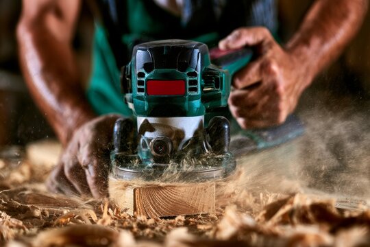 Skilled artisan using a power tool to shape wooden surface during craftsmanship process