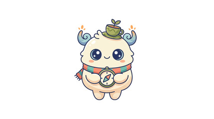 Naklejka premium Cute Yeti Explorer Character with Compass and Tea Cup Hat