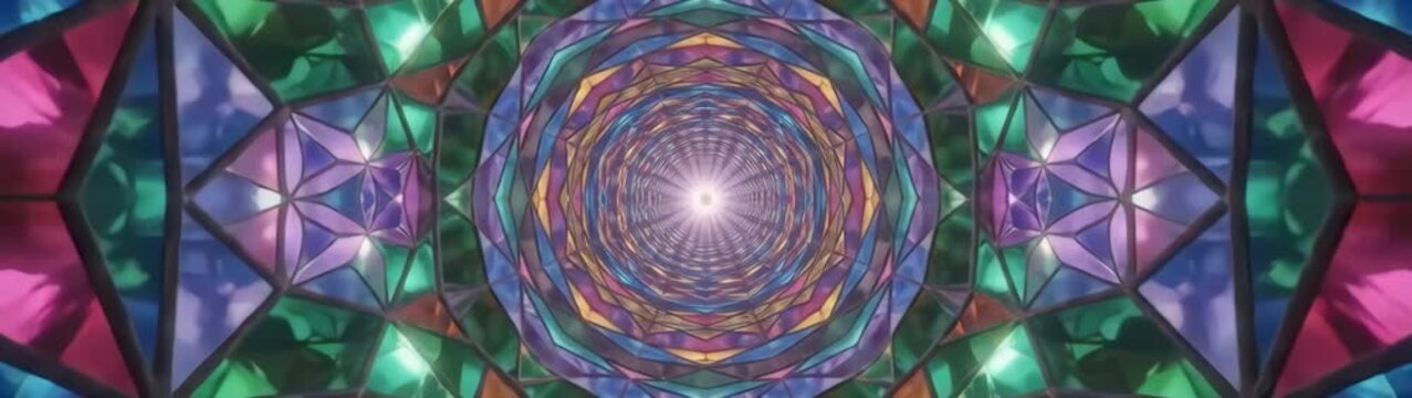 Spiritual journey and abstract light tunnel stained glass kaleidoscope pattern with bright light at the end.