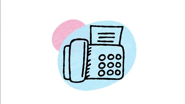 An animated hand-drawn office desktop fax machine printing a document. Great for corporate communication, document transmission, old office technology, telecommunications, and faxing services. 