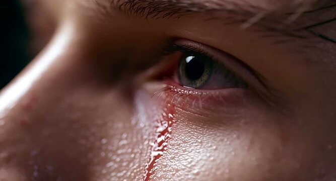Extreme close up of a person's eye with a red iris, shedding a stream of bloody tears that flows down their cheek. This powerful imagery evokes deep sorrow, trauma, and intense emotional pain