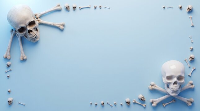 Light pastel blue Halloween frame design with large skulls and crossbones in diagonal corners top view