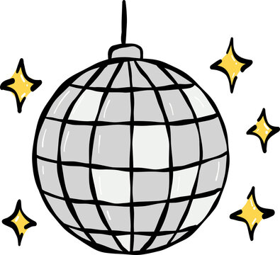 Cute Hand Drawn Disco Mirror Ball Vector. Pastel Gray Shimmering Dance Floor Sphere Clipart with Sparkles. Whimsical Kawaii Holiday Celebration Clip Art Isolated Graphic Design Element.