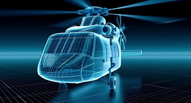 Futuristic military helicopter hologram rotating in a virtual environment. Showing a detailed wireframe and technical blueprint for advanced aviation engineering. Design. And modern warfare concepts