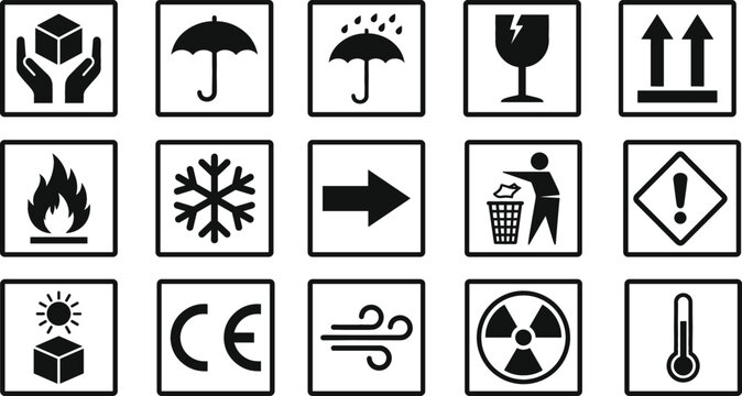 Set of black and white shipping and handling cargo icons for logistics and packaging labels