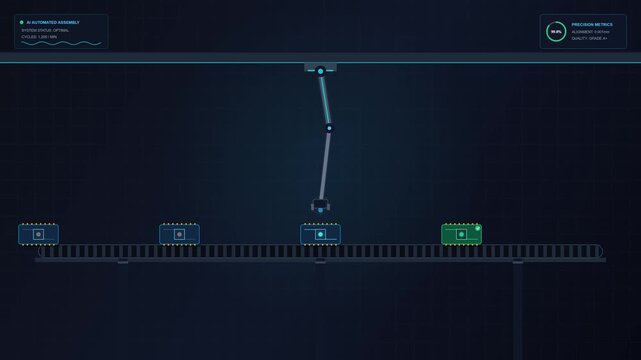 AI Powered Robotic Arm Automating Smart Factory Production Line Workflow Motion Illustration