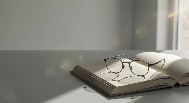 Luxury ambient design wallpaper: cinematic slow motion of titanium glasses and an open architectural book catching a single simple sunlight shadow on a white studio surface.