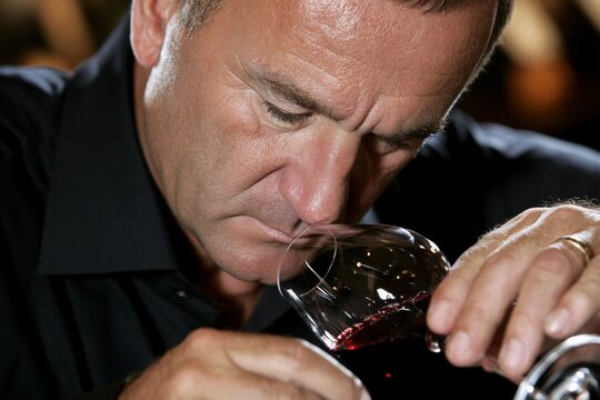 Man holding a glass of red wine, swirling it for tasting and evaluation