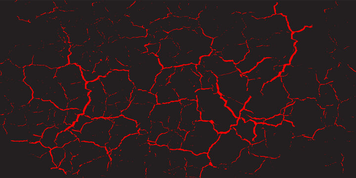 Red cracked ground pattern texture on black background, abstract lava or lightning fissure, vector illustration.