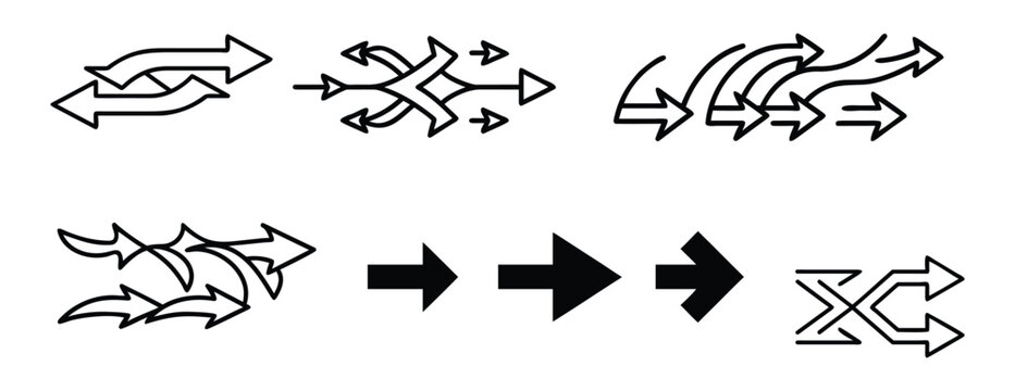 Complex arrow arrangements showing flow convergence divergence and structured pathways with varied abstract stylistic elements.