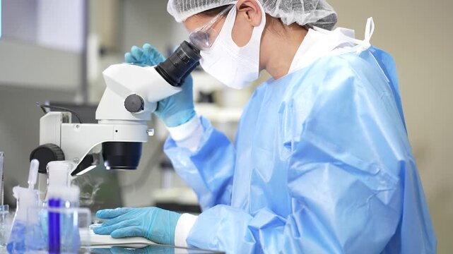 A female biotechnology researcher in a protective mask, gown and gloves for sterile sample work in a contemporary biomedical research facility, with eye to the eyepiece, she bends lower.
