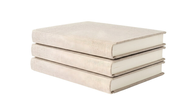 Stack of three elegant beige textured hardcover books isolated on transparent background