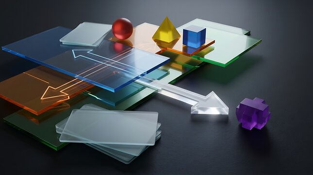 Estrategia de marca conceptual design with glass shapes and arrows representing business growth and planning.