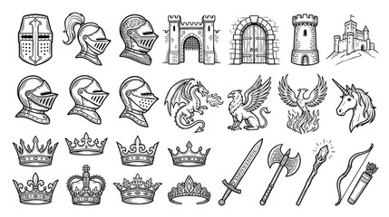 Fototapeta premium Medieval Fantasy Icons: Knights, Dragons, Castles, Crowns