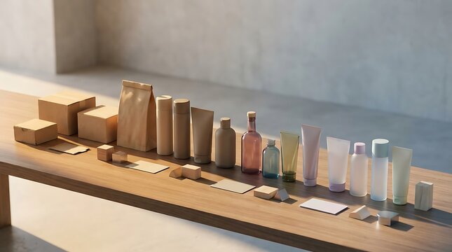 Un conjunto variado de envases ecol&oacute;gicos sobre una mesa de madera como parte de una moderna estrategia de marca