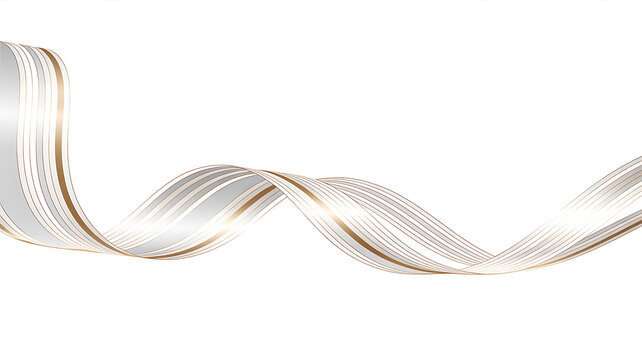 Flowing silver and gold ribbon wave isolated on a clean white background, for decoration.