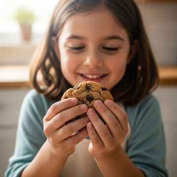 Happy young girl holding a fresh chocolate chip cookie in a kitchen