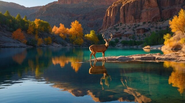 Large deer buck standing by a turquoise canyon lake in autumn