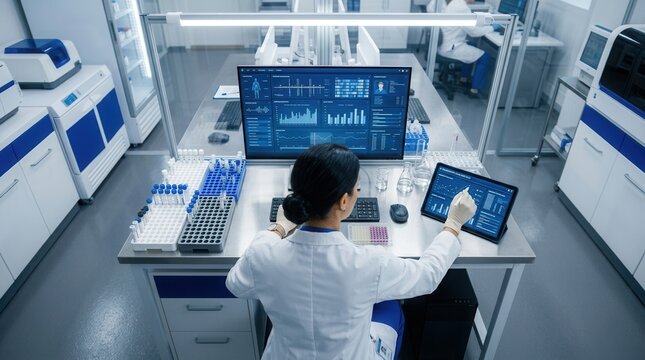 Scientist Analyzing Data On Computer And Tablet In Modern Laboratory