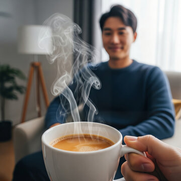 Hand Offering Steaming Hot Coffee Mug to Smiling Man in Modern Living Room