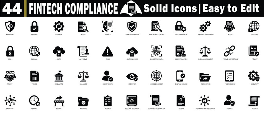 Fintech compliance solid icon pack with security, identity verification, regulatory tech, and data privacy concepts. Editable Icon. Vector illustration.