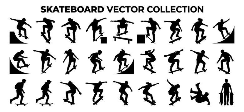 Set of black silhouettes showing various skateboarders performing different tricks and stunts on a white background