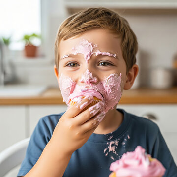 Happy boy eating cupcake with pink frosting smeared all over his face