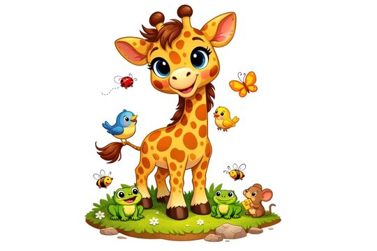 Adorable giraffe with animal friends.