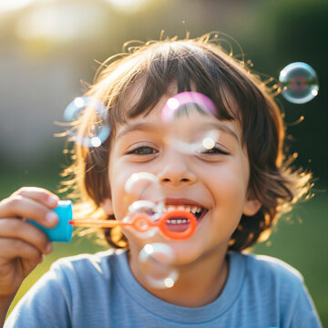 A happy young boy smiles while blowing bubbles in a sunny garden.