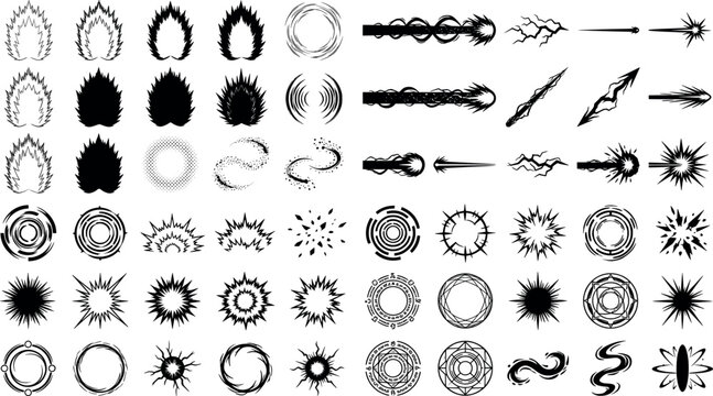 Collection of manga and anime style energy effects, magic circles, explosions, and aura symbols
