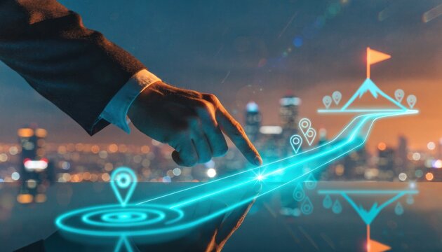 Hand pointing at a glowing neon path leading to a mountain goal