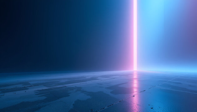 Vertical glowing neon light beam on dark reflective floor surface abstract background