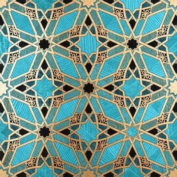 Intricate geometric islamic pattern with turquoise and gold accents
