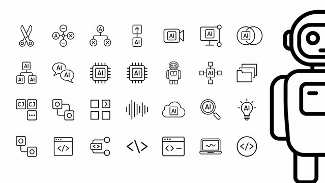Black and white line art collection of various robot icons and symbols including humanoid mechanical AI-themed designs with robot icon set