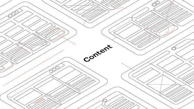 Isometric web page wireframe connected by red lines on a clean white background.