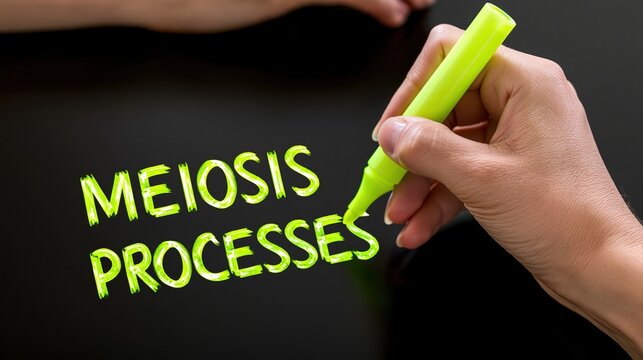Person using green marker to write meiosis processes text