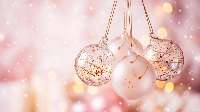 Christmas background with golden glass ornaments on a pink background