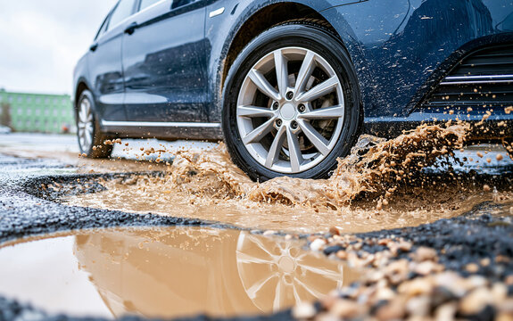 Car driving through water puddle on damaged asphalt road
