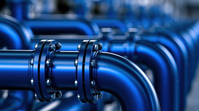 Industrial blue pipes with metal flanges connected in a row