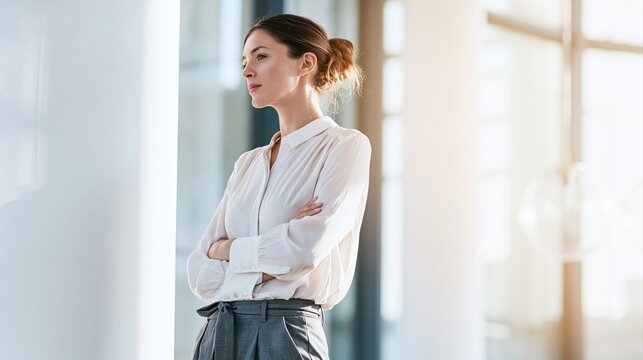 Professional female executive looking thoughtful in modern workspace