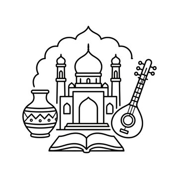 Outline india culture design taj mahal sitar and pottery for traditional art.