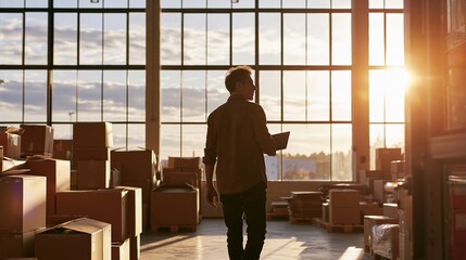 Fototapeta na wymiar Small business owner walking through a warehouse filled with cardboard boxes, large windows allowing sunlight to illuminate the space during sunset